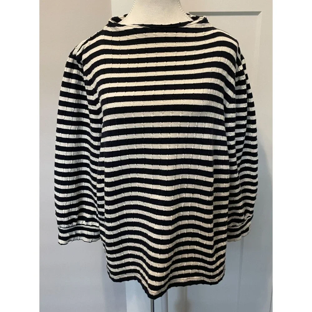 TALBOTS Womens Jacquard Knit TOP 3/4 Sleeve BLUE White STRIPE Funnel Neck Sz XL